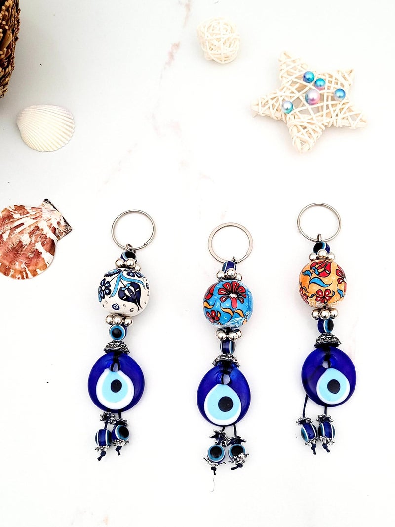 Erbulus Turkish Blue Evil Eye Keychain with Flower Patterned Ceramic Ball - Gift for Men or Women Set of 3 (Ceramic) - Image 4